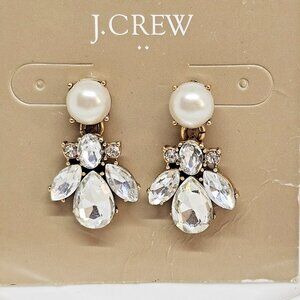 J CREW Pearl & Crystal Dangle Drop Statement Earrings J.Crew New Gold Tone